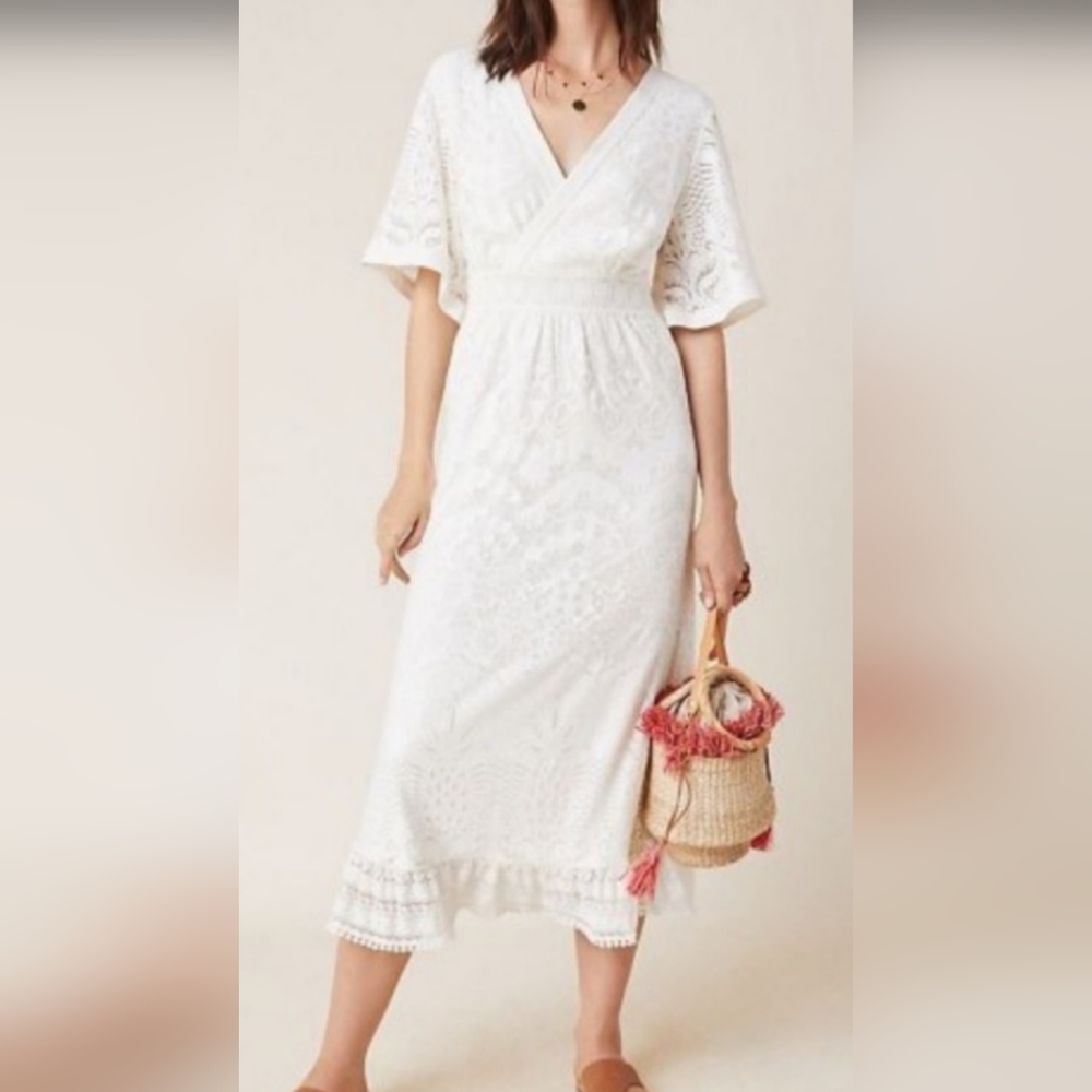 Farm Rio Anthropologie Ivory Burnt Out Lace Floral Dress Size Medium